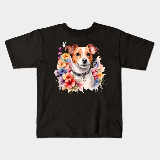 A jack russell terrier decorated with beautiful watercolor flowers Kids T-Shirt by CreativeSparkzz